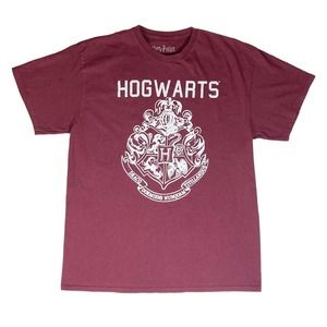 Hogwarts Crest T-SHIRT Mens LARGE Harry Potter School‎ of Wizardry Maroon Red